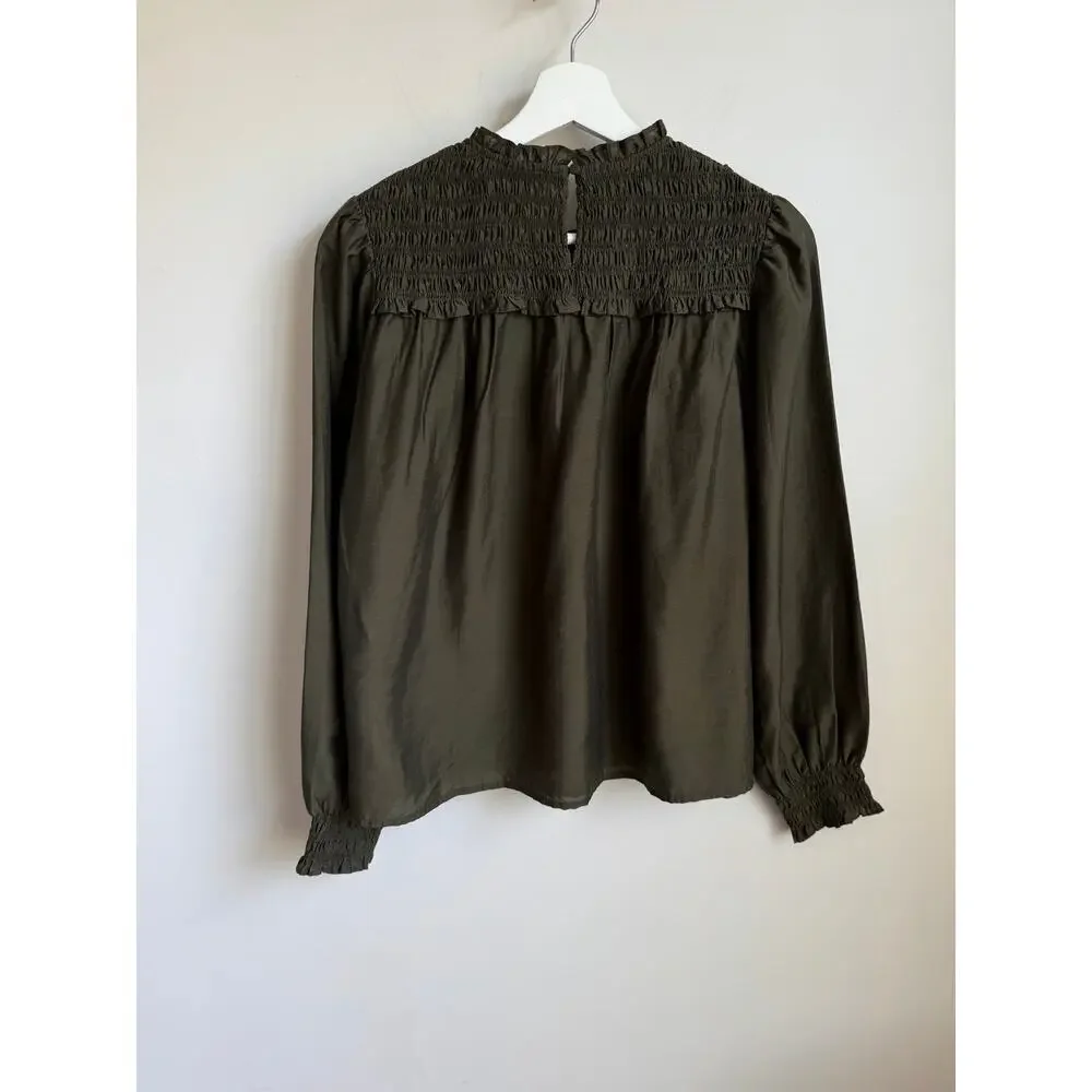 Madewell Smocked High-Neck Long-Sleeve Blouse Top Midnight Olive Womens Small
